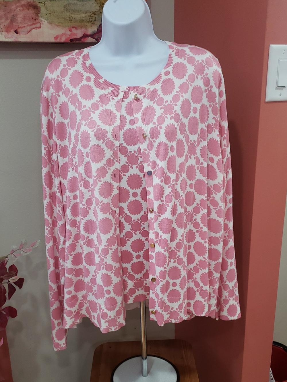 Pink Patterned Cardigan Sweater Set, 3X (22)